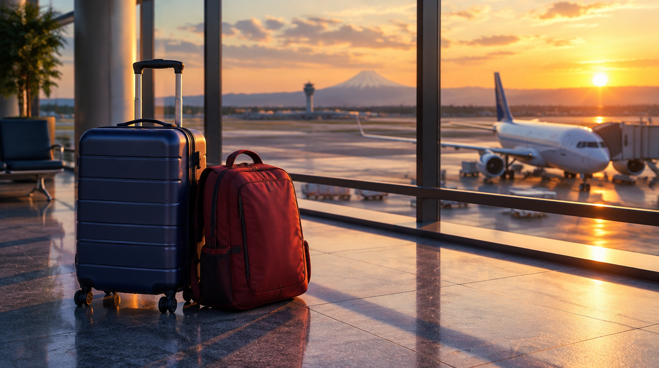 A suitcase and a backpack by the window of a Japanese airport at sunset