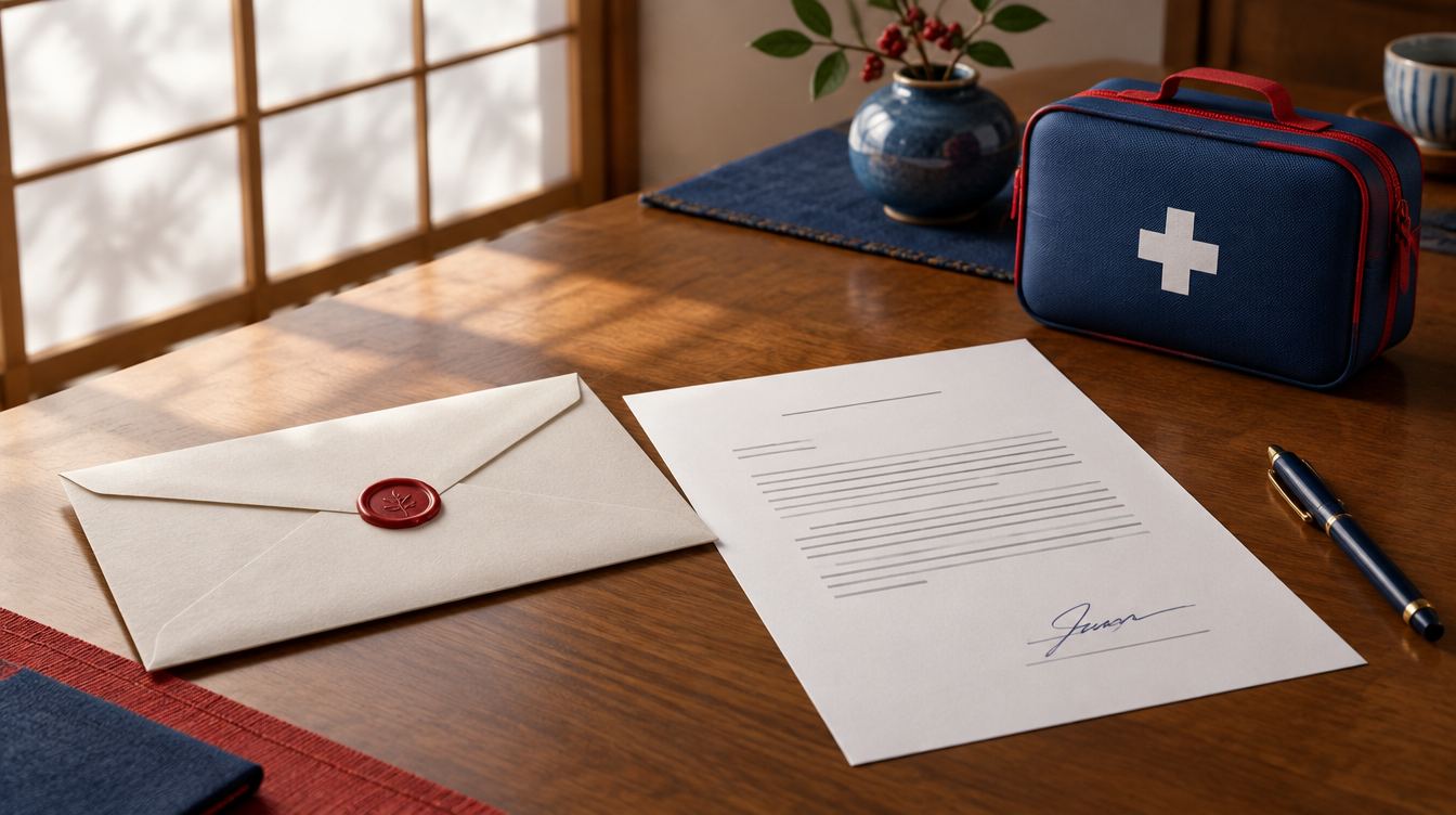 A sealed envelope and a signed one-page letter on a wooden desk next to a first-aid kit