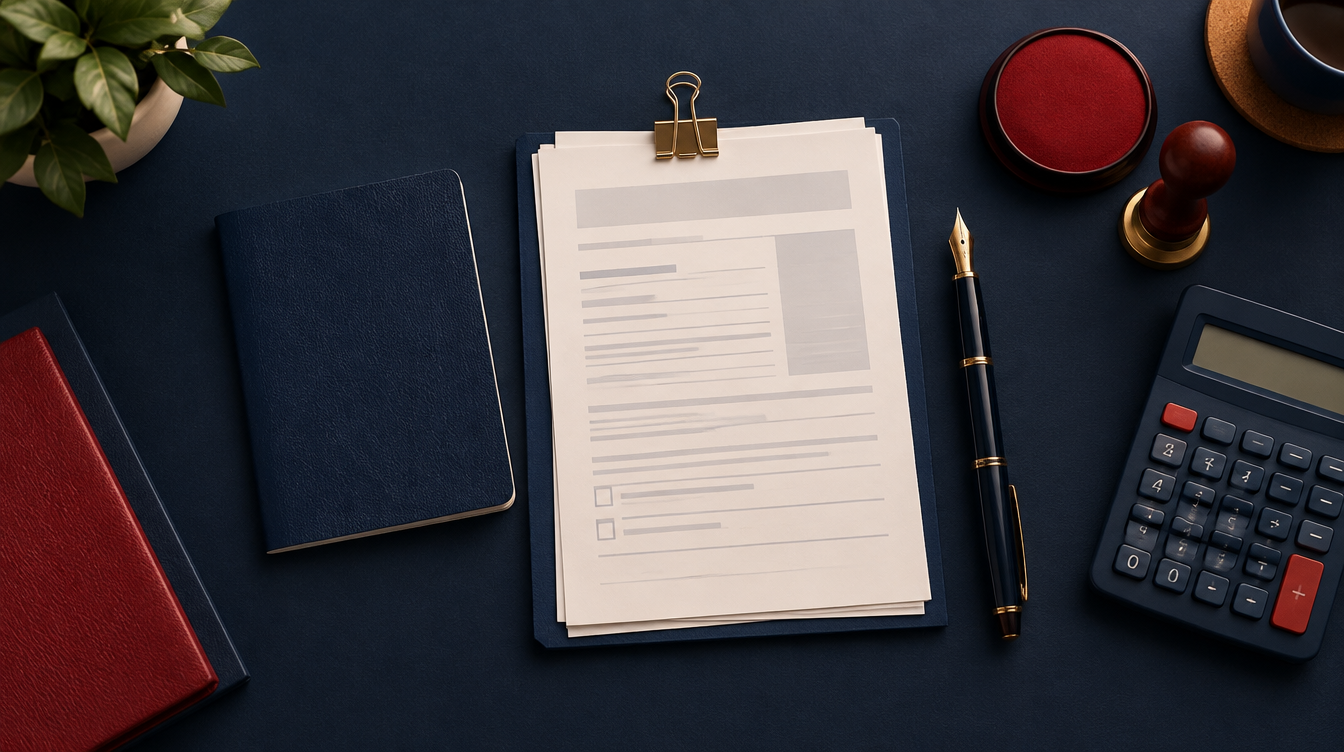 A passport, visa application documents, a pen and a calculator on a navy desk