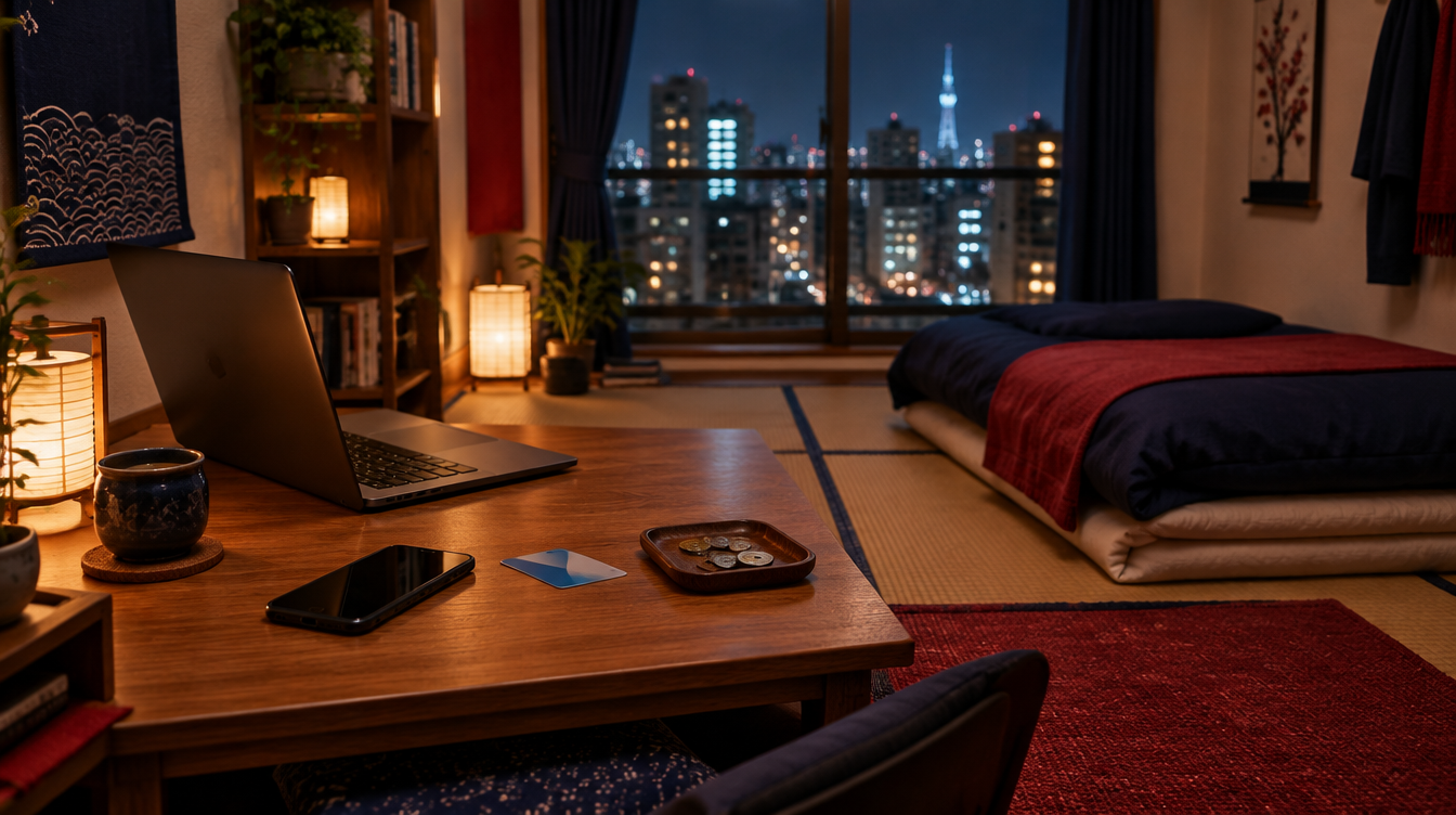 A small Japanese apartment at night with a laptop, phone and transit card on a low desk