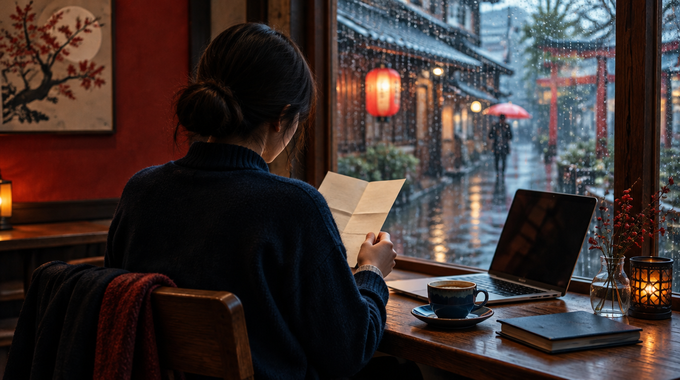 Someone reading a letter at a cafe table by a rainy window in Japan, next to a laptop