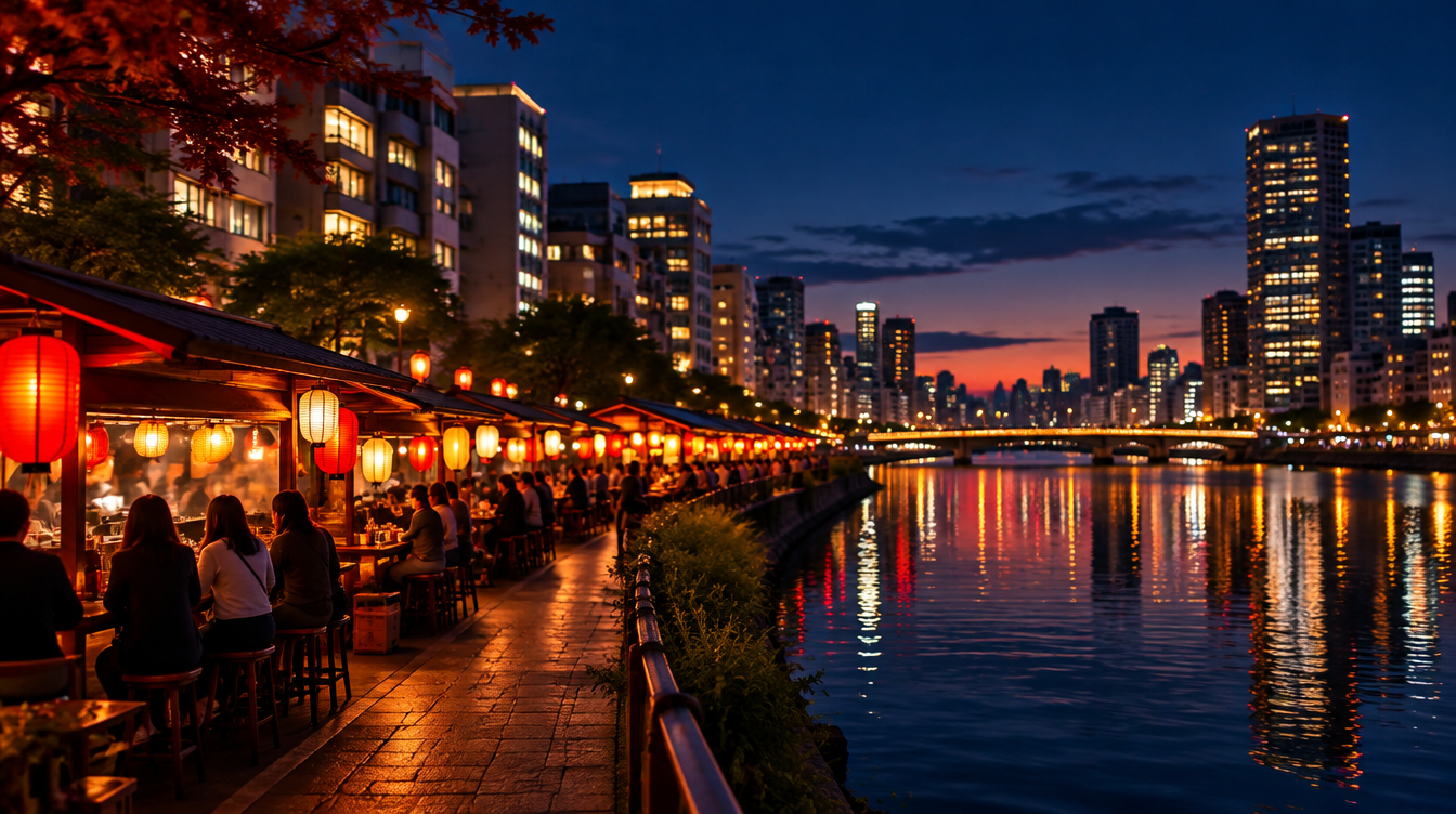 A Japanese riverside at dusk with glowing lanterns, food stalls and city lights
