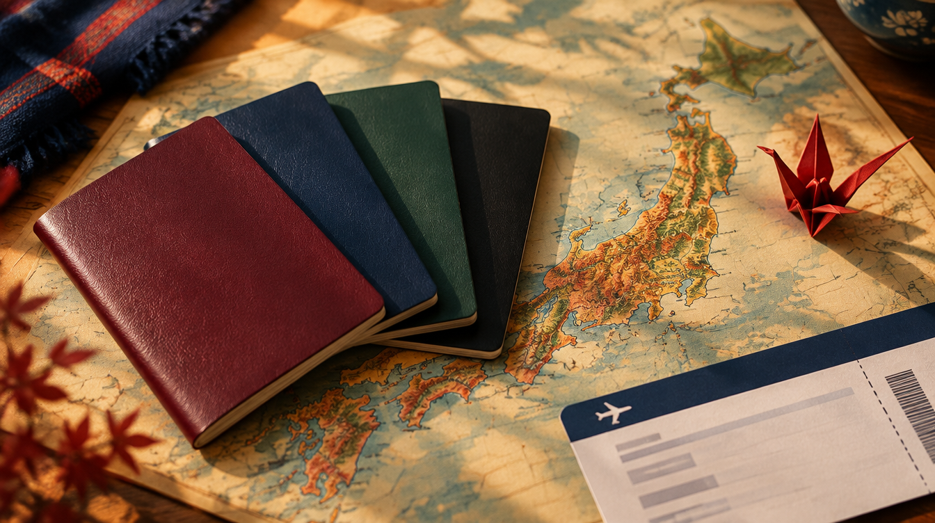 Several passports in different colors on an old map of Japan, next to a red paper crane